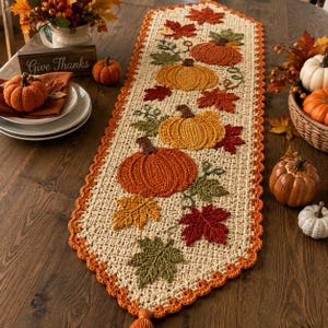 May include: A cream-colored crocheted table runner featuring an intricate pattern of orange, yellow, and green pumpkins and autumn leaves. The runner has a scalloped orange border and is decorated with textured, raised yarn motifs of seasonal foliage.