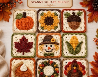 Crochet Autumn Squares, Fall Granny Square Bundle, Harvest Applique Set, Pumpkin Sunflower Acorn Maple Leaf, Thanksgiving Turkey Decor PDF