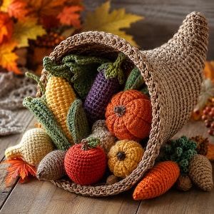 May include: A crocheted cornucopia overflowing with various handmade yarn vegetables and fruits, including a yellow corn cob, a purple aubergine, an orange pumpkin, a red apple, a yellow gourd, and a bright orange carrot, all textured.
