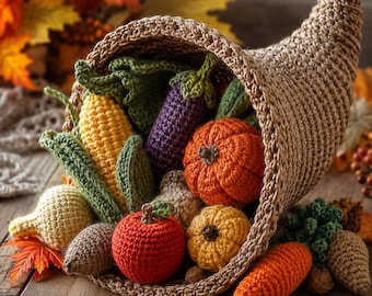 Crochet Cornucopia Pattern, Autumn Harvest Decor, Thanksgiving Table Decor, Fall Centerpiece, Crochet Harvest Set PDF