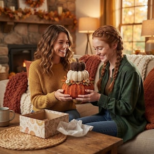 May include: A stack of three knitted pumpkins in brown, cream, and orange, decorated with small fabric leaves and berries. The pumpkins are arranged vertically with the largest at the base and the smallest at the top, featuring a ribbed texture.