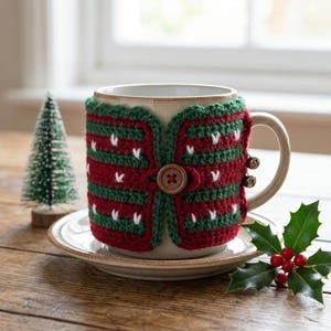 Pode incluir: Uma caneca de cerâmica com uma capa de crochê removível em listras horizontais vermelhas e verdes com pequenos pontos brancos. A capa fecha com um botão de madeira castanho e inclui dois pequenos guizos de metal na lateral.