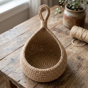 Puede incluir: Una cesta colgante en forma de lágrima hecha de cuerda de yute de color tostado natural. La cesta presenta una base circular, una parte frontal abierta y un asa única y resistente en la parte superior para colgarla. Tejido de cuerda firme.