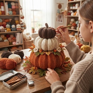 May include: A stacked crochet pumpkin decoration featuring a dark brown top, cream middle, and large orange base, accented with fabric autumn leaves and berries. A wooden crochet hook is held near the top, with yarn balls and a metal case nearby.