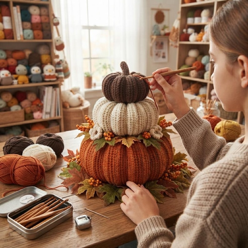 May include: A stacked crochet pumpkin decoration featuring a dark brown top, cream middle, and large orange base, accented with fabric autumn leaves and berries. A wooden crochet hook is held near the top, with yarn balls and a metal case nearby.