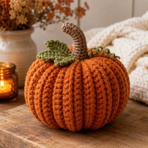 May include: A handcrafted crochet pumpkin in a vibrant orange yarn, featuring a textured ribbed surface. It is topped with a brown crocheted stem, a single green crocheted leaf, and a small green curly tendril accenting the top section.