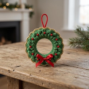 May include: A circular green crocheted wreath ornament featuring a gold-trimmed scalloped edge, small red beads embedded throughout the texture, and a red satin ribbon bow at the bottom. A red yarn loop is attached to the top for hanging.
