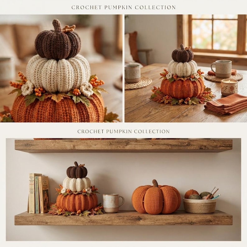 May include: A crochet pumpkin collection featuring stacked pumpkins in dark brown, cream, and orange. The pumpkins are decorated with small fabric leaves, berries, and flowers. The display includes a single orange pumpkin and a woven basket.