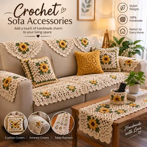 May include: A beige crochet sofa set featuring sunflower motifs, including cushion covers, armrest covers, and a table runner. The set includes a round crochet basket with a sunflower design and a matching table runner on a wooden table.