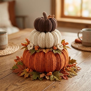 May include: A stacked set of three crocheted pumpkins in dark brown, cream, and orange, arranged vertically. The base is decorated with artificial autumn leaves, small orange berries, and two small crocheted flowers at the center.