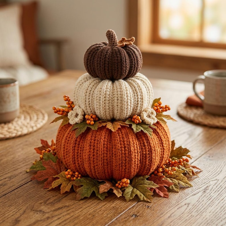 May include: A stacked set of three crocheted pumpkins in dark brown, cream, and orange, arranged vertically. The base is decorated with artificial autumn leaves, small orange berries, and two small crocheted flowers at the center.