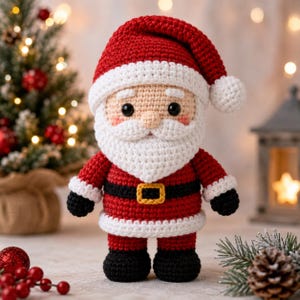 May include: A crocheted Santa Claus doll featuring a red hat with a white pom-pom, a white beard, a red coat with a black belt and yellow buckle, and black boots. The figure has round black eyes and pink cheeks, crafted with detailed yarn stitches.