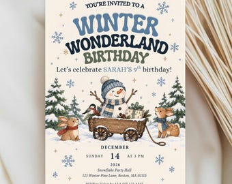 Invitación de cumpleaños con temática de País de las Maravillas Invernal, invitación editable para fiesta de cumpleaños con muñeco de nieve, fiesta invernal con nieve, plantilla de cumpleaños en Canva