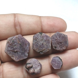May include: Five raw, hexagonal-shaped ruby crystals in varying sizes. These natural gemstones feature a dusty, muted pinkish-red hue with visible surface textures, internal inclusions, and opaque, earthy characteristics throughout each stone.