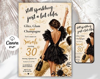 Still Sparkling 30th Birthday Invitation Template, Editable Champagne Toast Invite, Women's Birthday, Canva Download