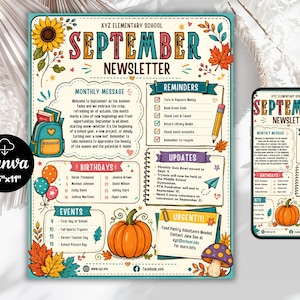 Könnte beinhalten: Eine 21,6 cm x 27,9 cm große September-Newsletter-Vorlage für die XYZ-Grundschule mit herbstlichen Illustrationen von Sonnenblumen, Blättern und einem Kürbis. Das Layout enthält Bereiche für Nachrichten, Erinnerungen, Geburtstage und Termine.