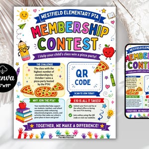 May include: A colorful 8.5 inch by 11 inch Westfield Elementary PTA Membership Contest flyer featuring a pencil, apple, pizza slices, and a QR code. The text includes The Challenge, Why Join The PTA, and $10 Is All It Takes, with a smartphone displaying the same design.