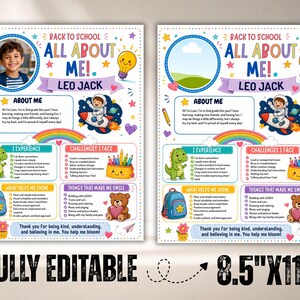 Może przedstawiać: Dwa plakaty do druku Back to School All About Me z kolorową grafiką dinozaura, astronauty, plecaka i pluszowego misia. Układ zawiera sekcje na dane osobowe, doświadczenia, wyzwania i zainteresowania, o wymiarach 8,5 na 11 cali.