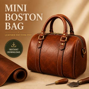 Mini Boston Bag Leather Pattern PDF, Hand-Stitched Doctor Bag Template (Digital Download)