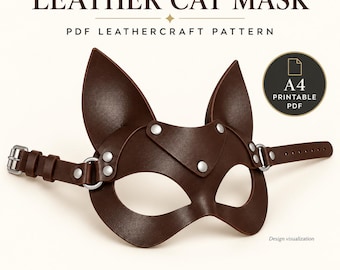 Puede incluir: Un patrón de máscara de gato de cuero marrón con orejas puntiagudas, remaches de metal plateado y una correa ajustable con hebilla. El texto dice LEATHER CAT MASK, PDF LEATHERCRAFT PATTERN, A4 PRINTABLE PDF y DIGITAL PDF PATTERN NO PHYSICAL MASK.
