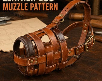 Puede incluir: Un bozal para perro de cuero marrón con diseño de correas entrelazadas, remaches metálicos en tono latón y una correa con hebilla ajustable. La imagen incluye el texto LEATHER DOG MUZZLE PATTERN y PDF DIGITAL DOWNLOAD, indicando una plantilla.