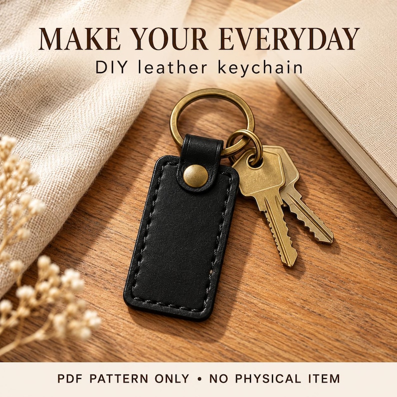 Black leather keychain with brass hardware attached to house keys on a wooden table beside linen and a notebook.