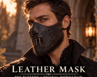 Puede incluir: Una máscara de cuero negro con una serie de orificios de ventilación y una sección bucal con barras de metal. El texto LEATHER MASK PDF PATTERN DIGITAL DOWNLOAD NO PHYSICAL ITEM aparece en la parte inferior.