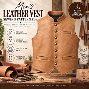Puede incluir: Un patrón de costura PDF para chaleco de cuero color canela con cuello mao, siete botones de tono latón, un bolsillo en el pecho y dos bolsillos inferiores. La imagen incluye texto: Men's LEATHER VEST SEWING PATTERN PDF, INSTANT DIGITAL DOWNLOAD.