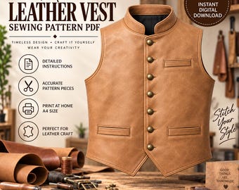 Puede incluir: Un patrón de costura PDF para chaleco de cuero color canela con cuello mao, siete botones de tono latón, un bolsillo en el pecho y dos bolsillos inferiores. La imagen incluye texto: Men's LEATHER VEST SEWING PATTERN PDF, INSTANT DIGITAL DOWNLOAD.