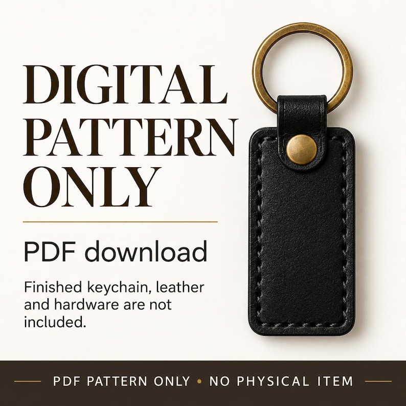 Black leather keychain with brass ring displayed on a cream background with soft window shadows and “Simple. Timeless. Handmade.” text.