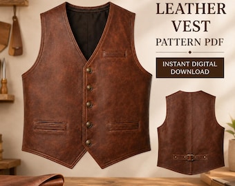 May include: A brown leather vest featuring a V-neckline, five front buttons, two lower welt pockets, and one chest pocket. The back view shows a waist adjustment strap with a buckle. Text reads LEATHER VEST PATTERN PDF INSTANT DIGITAL DOWNLOAD.