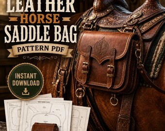 Puede incluir: Una alforja de cuero marrón con dos hebillas frontales y un diseño de hoja en relieve, mostrada junto a plantillas de papel. El texto dice: LEATHER HORSE SADDLE BAG PATTERN PDF e INSTANT DOWNLOAD con un icono de flecha hacia abajo.