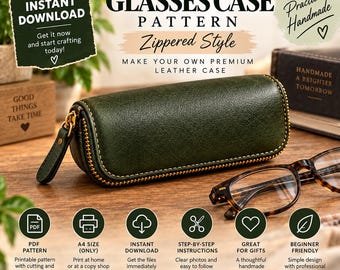 Puede incluir: Un estuche para gafas de cuero verde oscuro con cremallera dorada y tirador de cuero a juego. El estuche se muestra junto a unas gafas de carey. El texto en la imagen incluye LEATHER GLASSES CASE PATTERN e INSTANT DOWNLOAD.