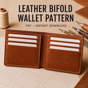 Könnte beinhalten: Ein braunes Leder-Bifold-Portemonnaie mit mehreren Kartenfächern, offen präsentiert auf einer Fläche mit gedruckten Mustern. Der Text LEATHER BIFOLD WALLET PATTERN PDF INSTANT DOWNLOAD ist über dem Portemonnaie sichtbar, neben Lederwerkzeugen.