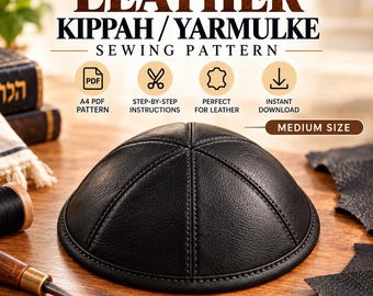 Puede incluir: Un patrón de costura para una kipá o yarmulke de cuero negro con una construcción de cúpula de seis paneles y costuras visibles. La imagen incluye el texto: LEATHER KIPPAH / YARMULKE SEWING PATTERN, A4 PDF PATTERN, STEP-BY-STEP INSTRUCTIONS, PERFECT FOR LEATHER, INSTANT DOWNLOAD y MEDIUM SIZE.