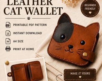 Puede incluir: Una cartera de cuero con forma de gato con detalles de orejas y ojos negros, cierre a presión y un patrón PDF imprimible. El texto dice LEATHER CAT WALLET, BEGINNER FRIENDLY, PRINTABLE PDF PATTERN, INSTANT DOWNLOAD, A4 SIZE, PRINT AT HOME, MAKE IT YOURS.