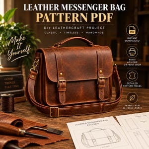 Può includere: Una borsa a tracolla in pelle marrone con manico superiore, tracolla regolabile e due cinghie con fibbia frontali. L'immagine include il testo LEATHER MESSENGER BAG PATTERN PDF, DIY LEATHERCRAFT PROJECT, CLASSIC, TIMELESS, HANDMADE e Make It Yourself.