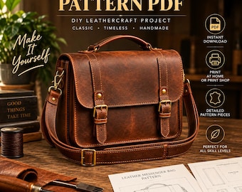 Puede incluir: Un bolso mensajero de cuero marrón con asa superior, correa ajustable para el hombro y dos correas con hebilla frontales. La imagen incluye el texto LEATHER MESSENGER BAG PATTERN PDF, DIY LEATHERCRAFT PROJECT, CLASSIC, TIMELESS, HANDMADE y Make It Yourself.