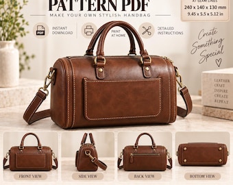 Puede incluir: Un patrón PDF de bolso de cuero marrón con un tamaño final de 240 x 140 x 130 mm. La imagen muestra el bolso desde ángulos frontal, lateral, posterior e inferior, incluyendo detalles para anillas de 20 mm, anillas en D de 25 mm y cuero de 1,4-1,8 mm.