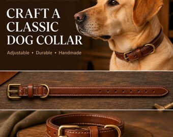 May include: A brown leather dog collar with white stitching and brass hardware, featuring an adjustable buckle and D-ring. The text CRAFT A CLASSIC DOG COLLAR, Adjustable, Durable, Handmade is visible next to a yellow dog wearing the collar.