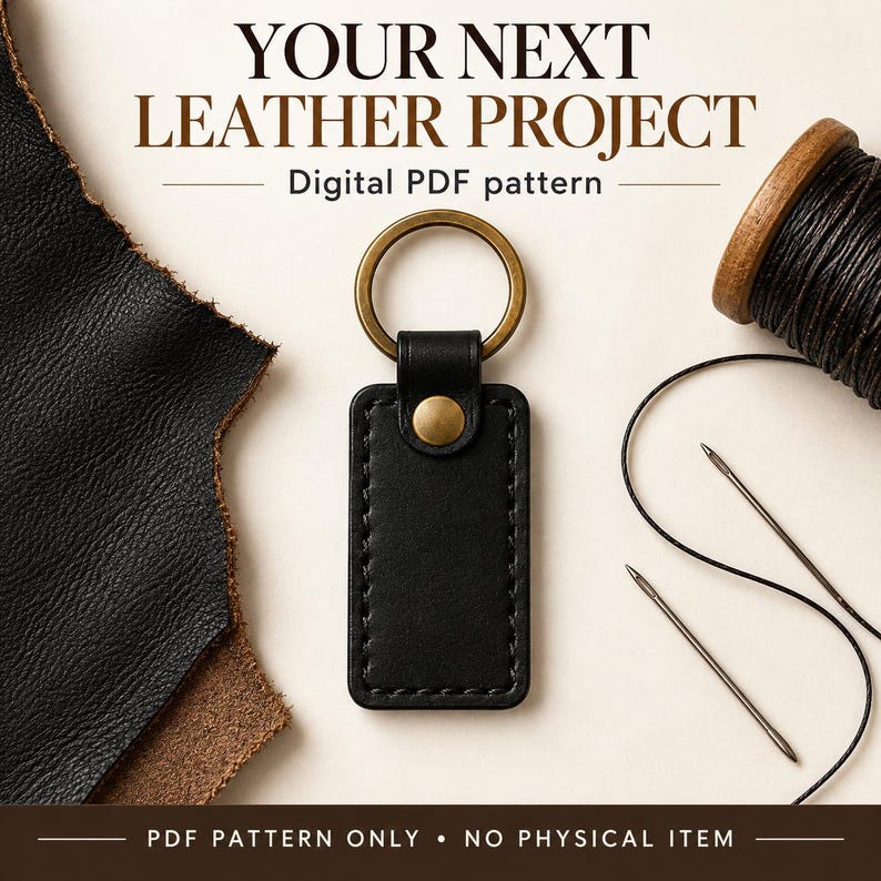 Black rectangular leather keychain beside an open ivory gift box and gold ribbon, with “Craft a Little Gift” and PDF pattern text.