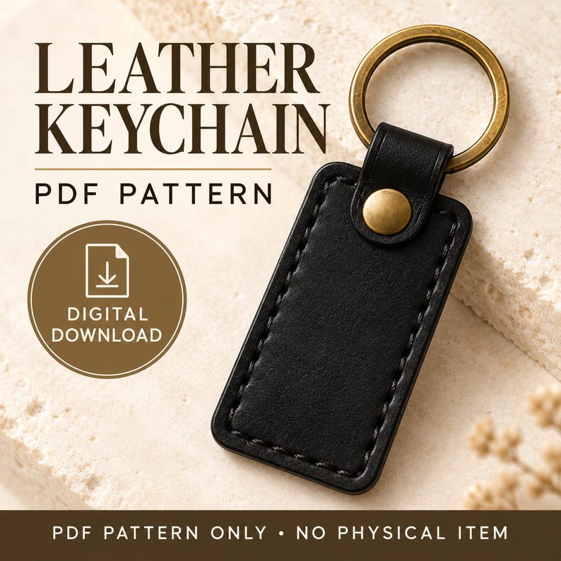 Black rectangular leather keychain with brass ring and snap on ivory stone, with “Leather Keychain PDF Pattern” and “Digital Download” text.