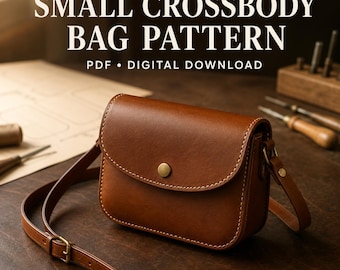 May include: A brown leather crossbody bag with a flap closure, a single brass-colored snap button, and an adjustable strap. The text SMALL CROSSBODY BAG PATTERN PDF • DIGITAL DOWNLOAD is displayed above the bag on a dark background.