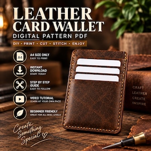 Puede incluir: Una cartera de cuero marrón para tarjetas con costuras visibles y tres tarjetas blancas insertadas. La imagen incluye el texto: LEATHER CARD WALLET DIGITAL PATTERN PDF, DIY, PRINT, CUT, STITCH, ENJOY, A4 SIZE ONLY, INSTANT DOWNLOAD, STEP BY STEP GUIDE, VIDEO TUTORIAL, BEGINNER FRIENDLY y Create Something Special.