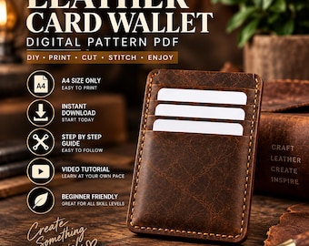 Puede incluir: Una cartera de cuero marrón para tarjetas con costuras visibles y tres tarjetas blancas insertadas. La imagen incluye el texto: LEATHER CARD WALLET DIGITAL PATTERN PDF, DIY, PRINT, CUT, STITCH, ENJOY, A4 SIZE ONLY, INSTANT DOWNLOAD, STEP BY STEP GUIDE, VIDEO TUTORIAL, BEGINNER FRIENDLY y Create Something Special.