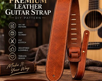 Puede incluir: Una correa de guitarra de cuero marrón con costuras visibles y ranuras de ajuste. La imagen incluye el texto: PREMIUM LEATHER GUITAR STRAP, DIY PATTERN, A4/A0 PATTERN, EASY TO PRINT, CUT & STITCH, ADJUSTABLE & DURABLE, DIGITAL DOWNLOAD.