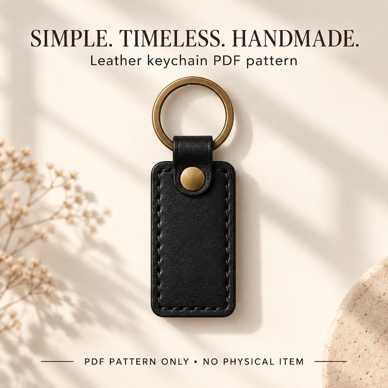 Hand holding a black rectangular leather keychain by its brass ring, showing stitched edges and a brass snap, with “Made by You” text.