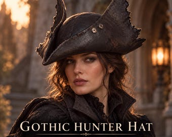 Puede incluir: Un sombrero oscuro y texturizado de ala ancha con dos solapas laterales prominentes, puntiagudas y curvadas hacia arriba, y dos pequeños botones circulares metálicos en la parte frontal. El texto dice: GOTHIC HUNTER HAT, PDF PATTERN, DIGITAL DOWNLOAD, STYLING MOCKUP.
