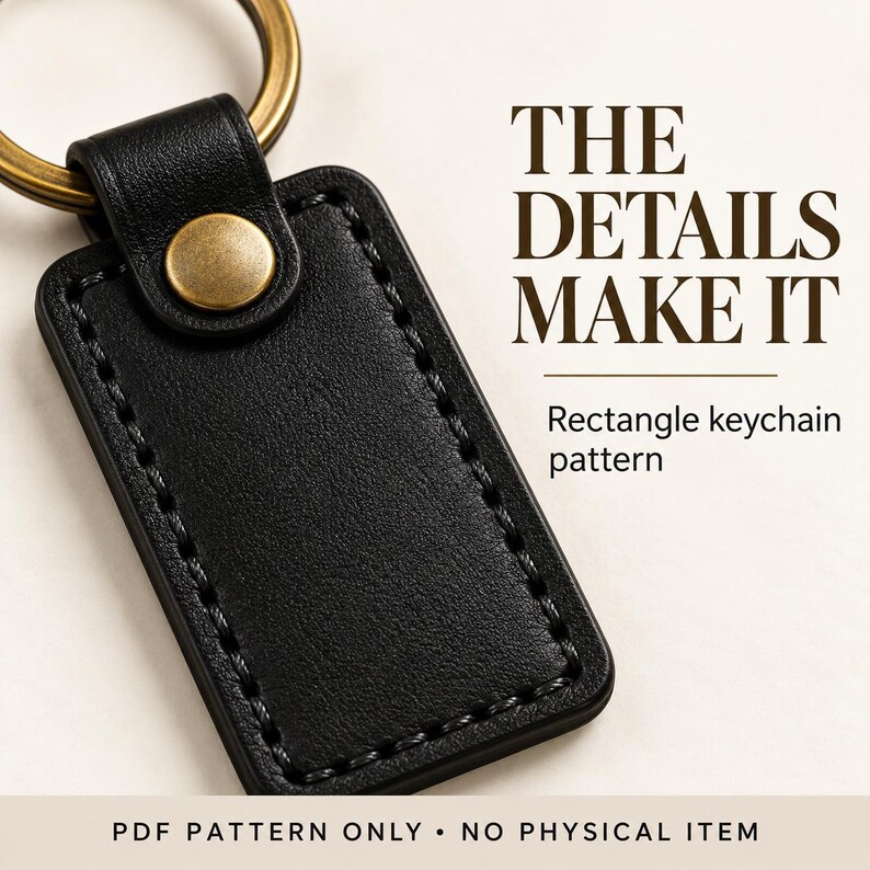 Black leather keychain on a dark brown craft surface beside ivory paper and brass tools, with “Ready to Make Yours?” and “Digital Download” text.