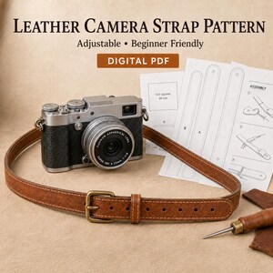 May include: A brown leather camera strap with a metal buckle, a silver and black digital camera, and white paper templates labeled LEATHER CAMERA STRAP PATTERN, Adjustable, Beginner Friendly, and DIGITAL PDF with a 50 mm test square.